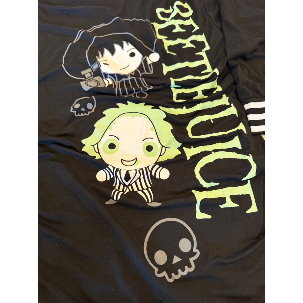 Beetlejuice Chibi Graphic Long Sleeve Top Black Striped Trim Medium 8-10 NWT